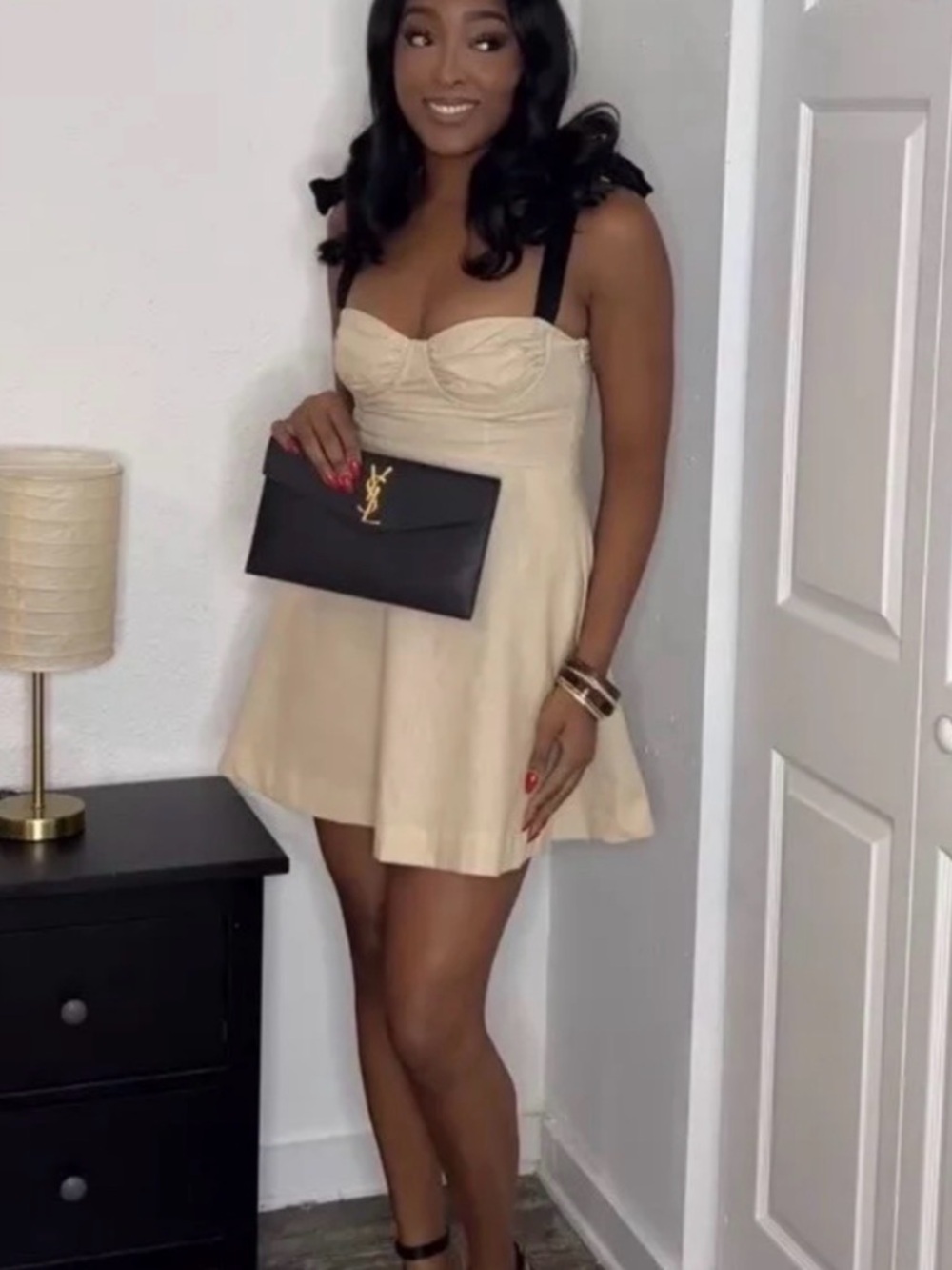 Zara Cream Mini Ruffle Dress with Black Tie-Straps - Picture 3 of 4